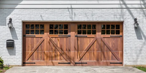 Wooden garage doors with windows on a white brick house