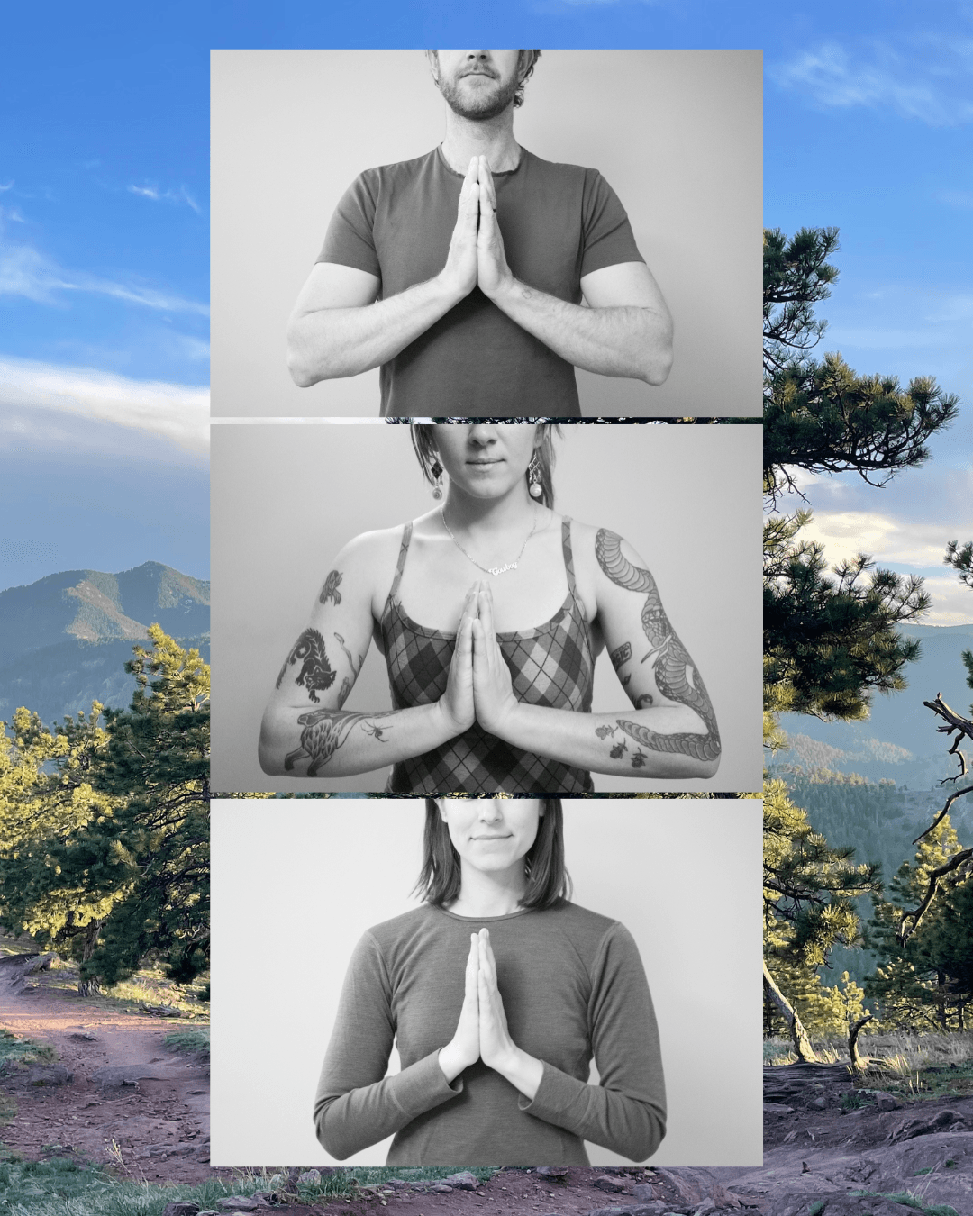Three yogis practicing with Boulder's natural landscape