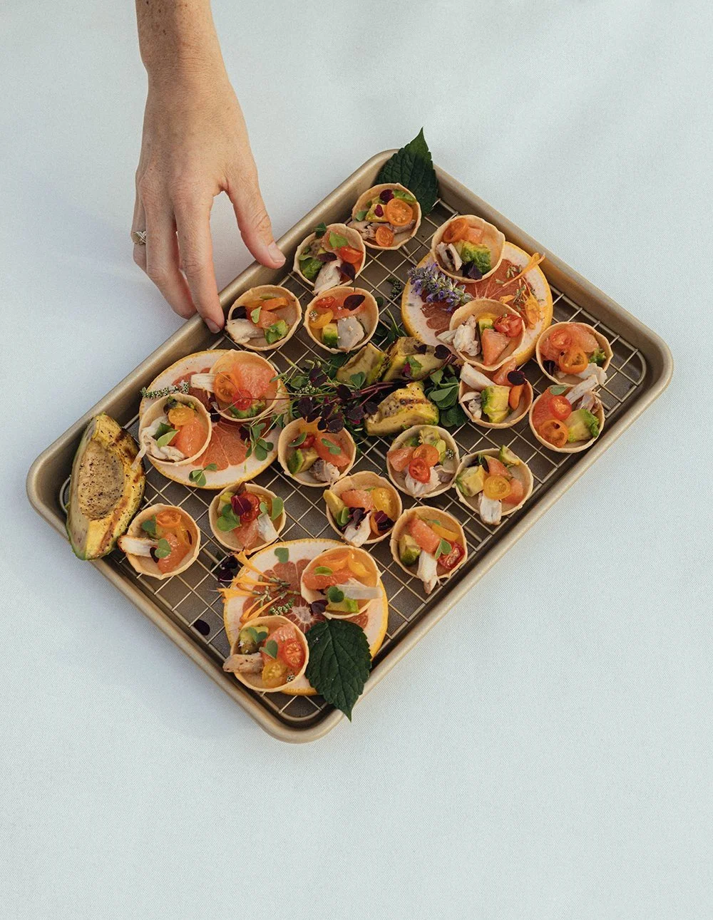 Artisan bite-sized appetizers on a tray