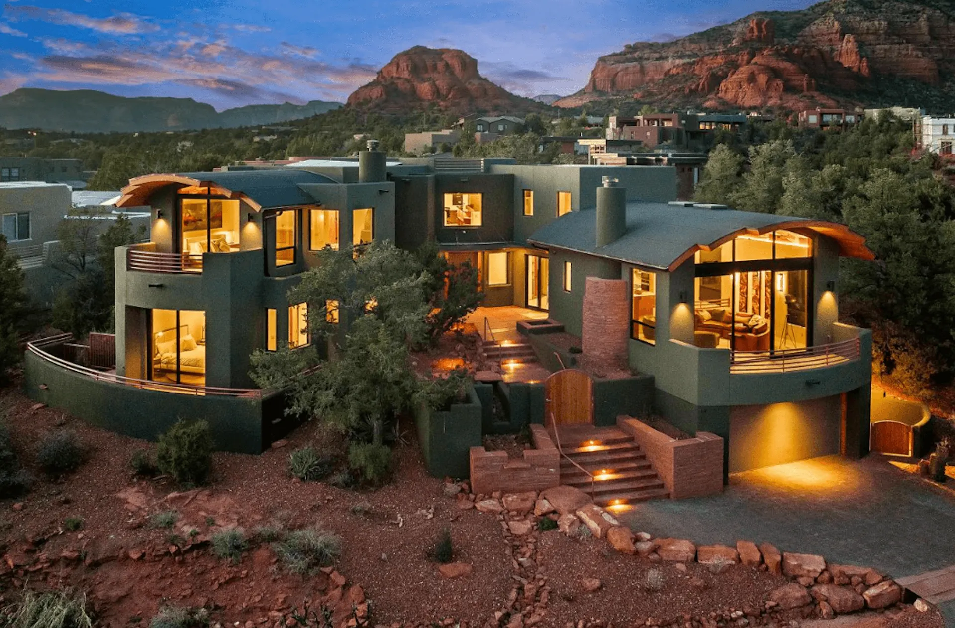 A large house lit up at night