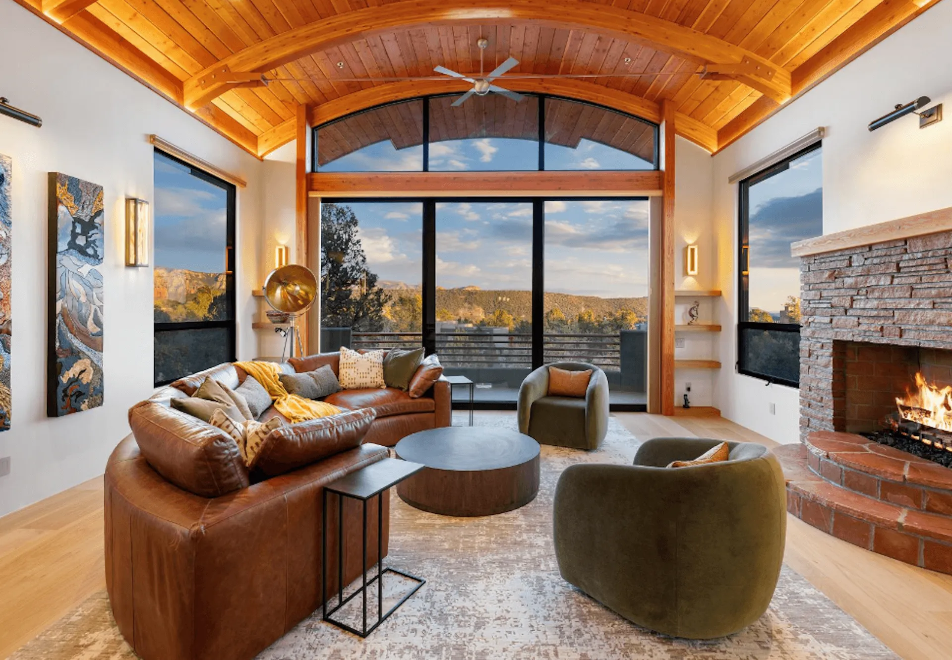 A living room with a fireplace