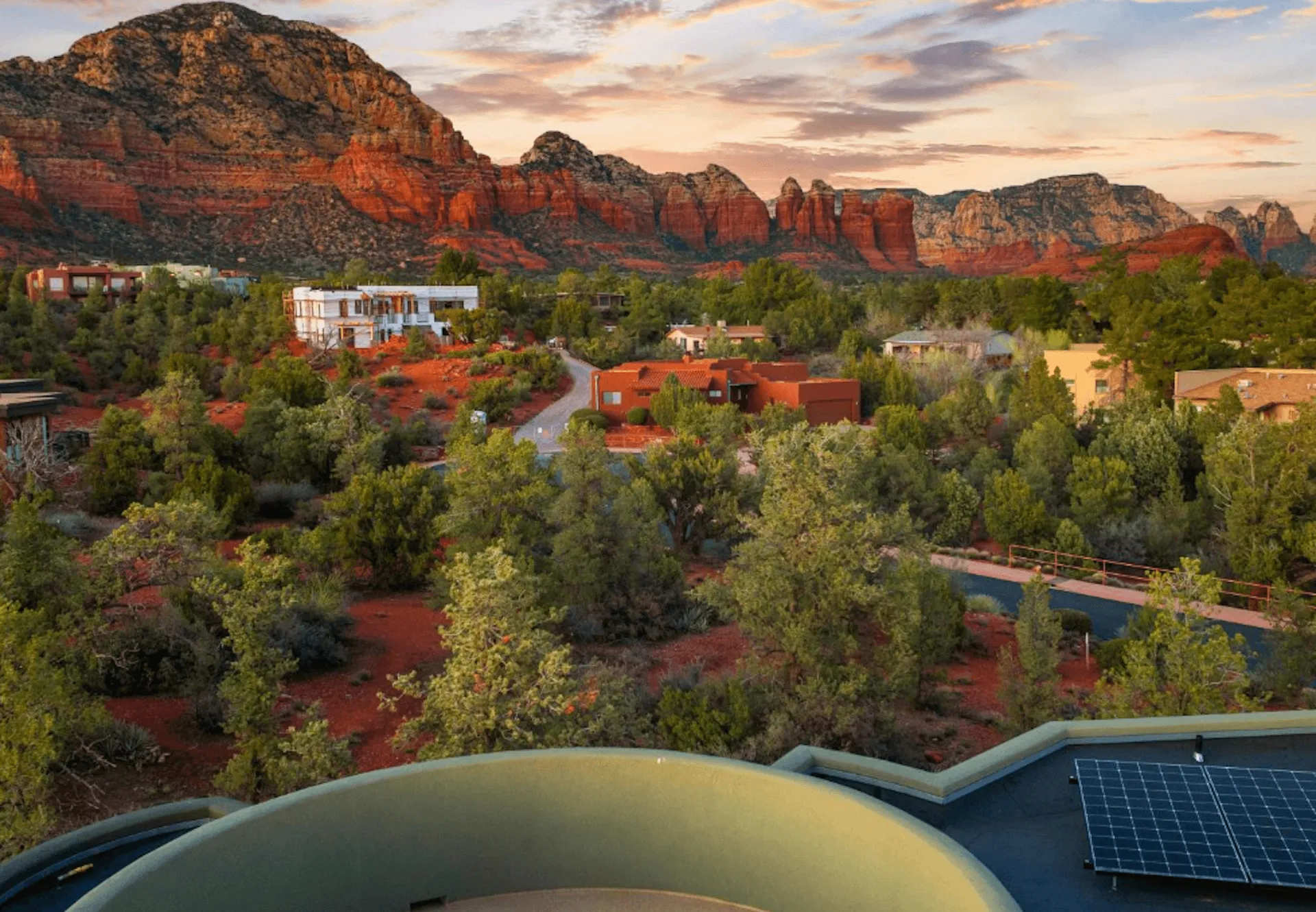 An aerial view of Sedona valley with mountains