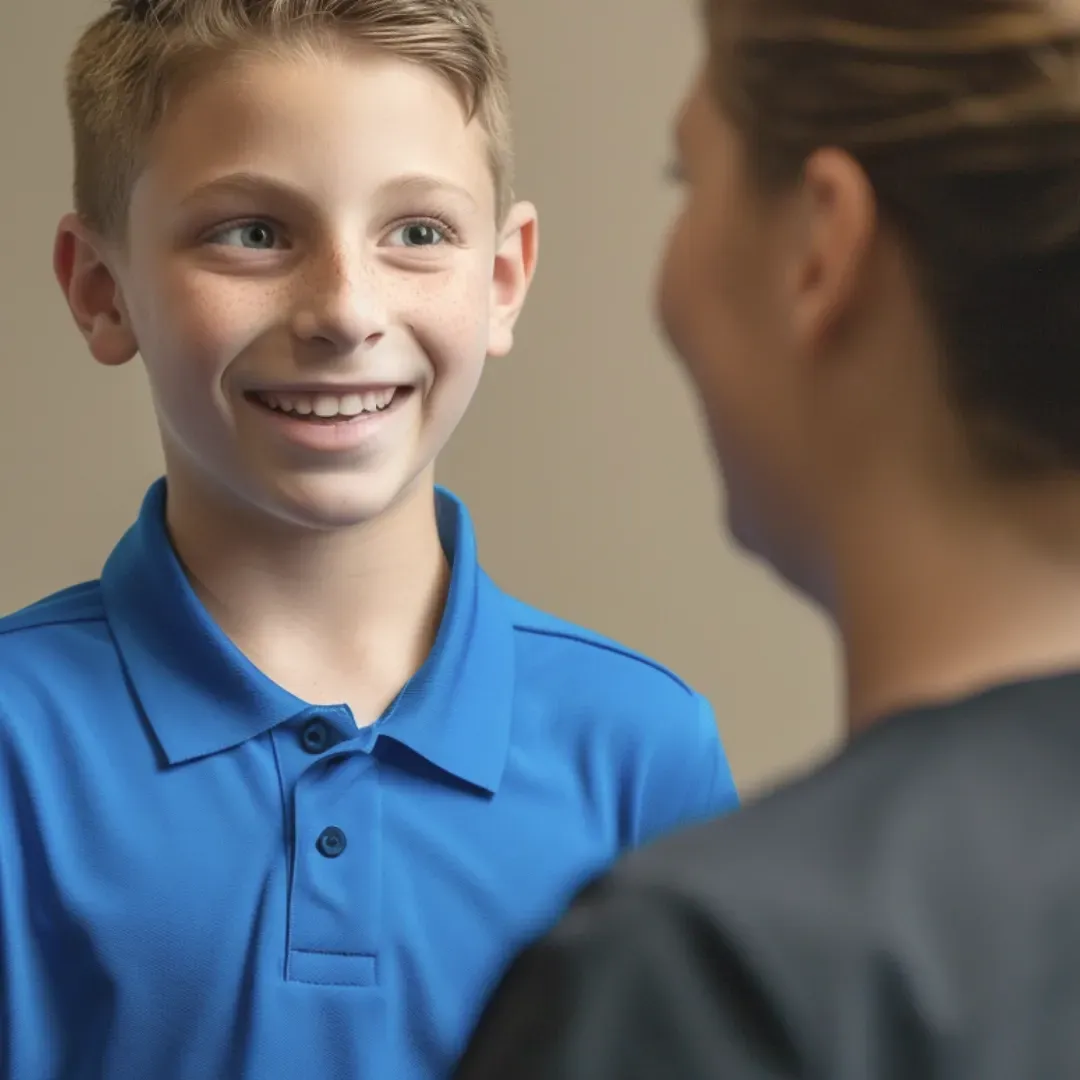 A boy smiling with clinical assistant at Gluck Orthodontics