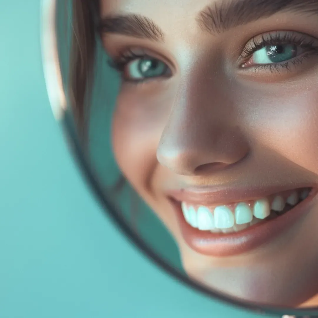 A teen girl smiling in a mirror