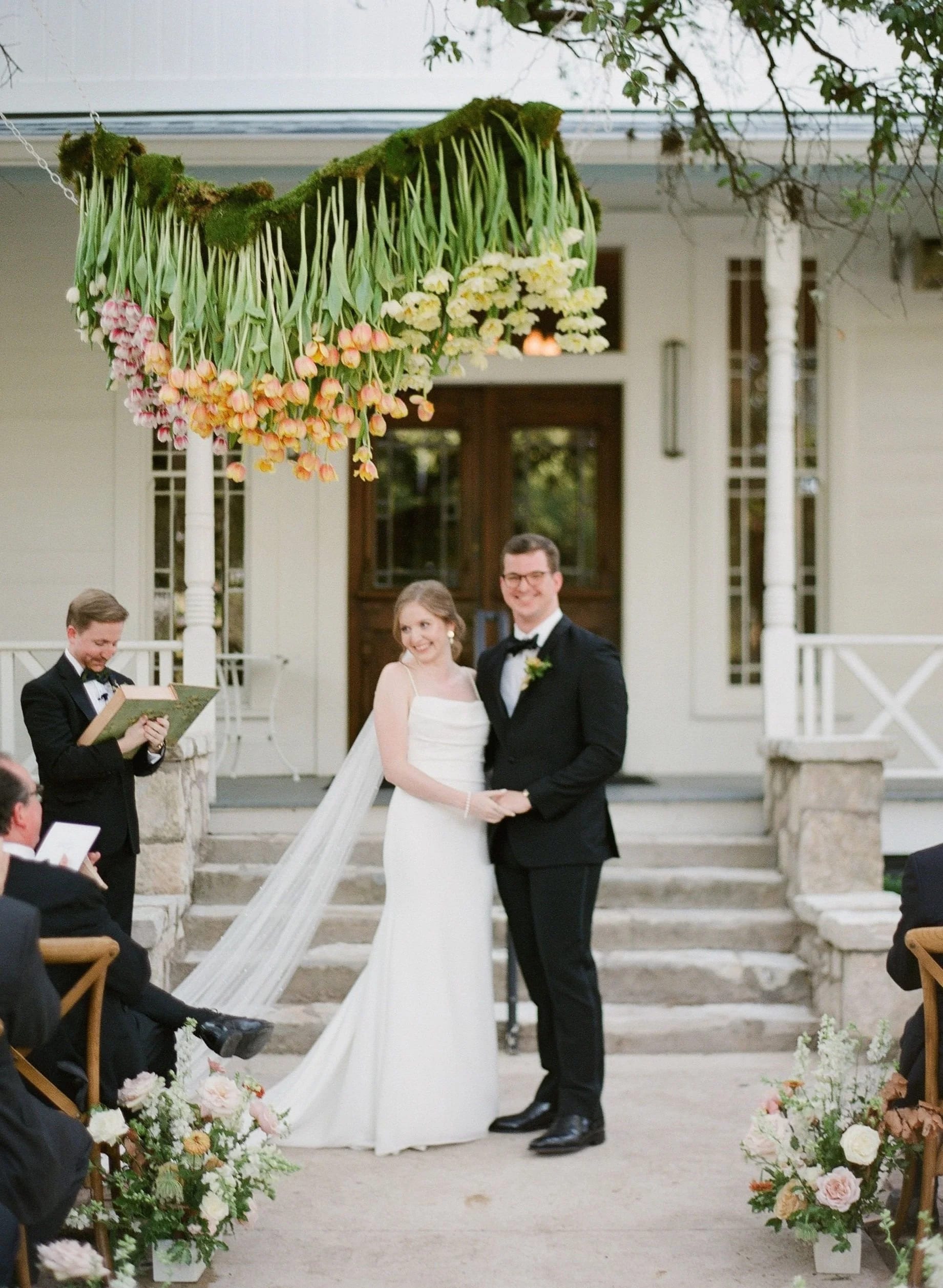 Wedding florals with hanging tulips