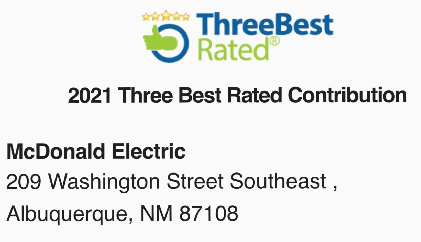 ThreeBestRated 2021 Award — McDonald Electric Albuquerque