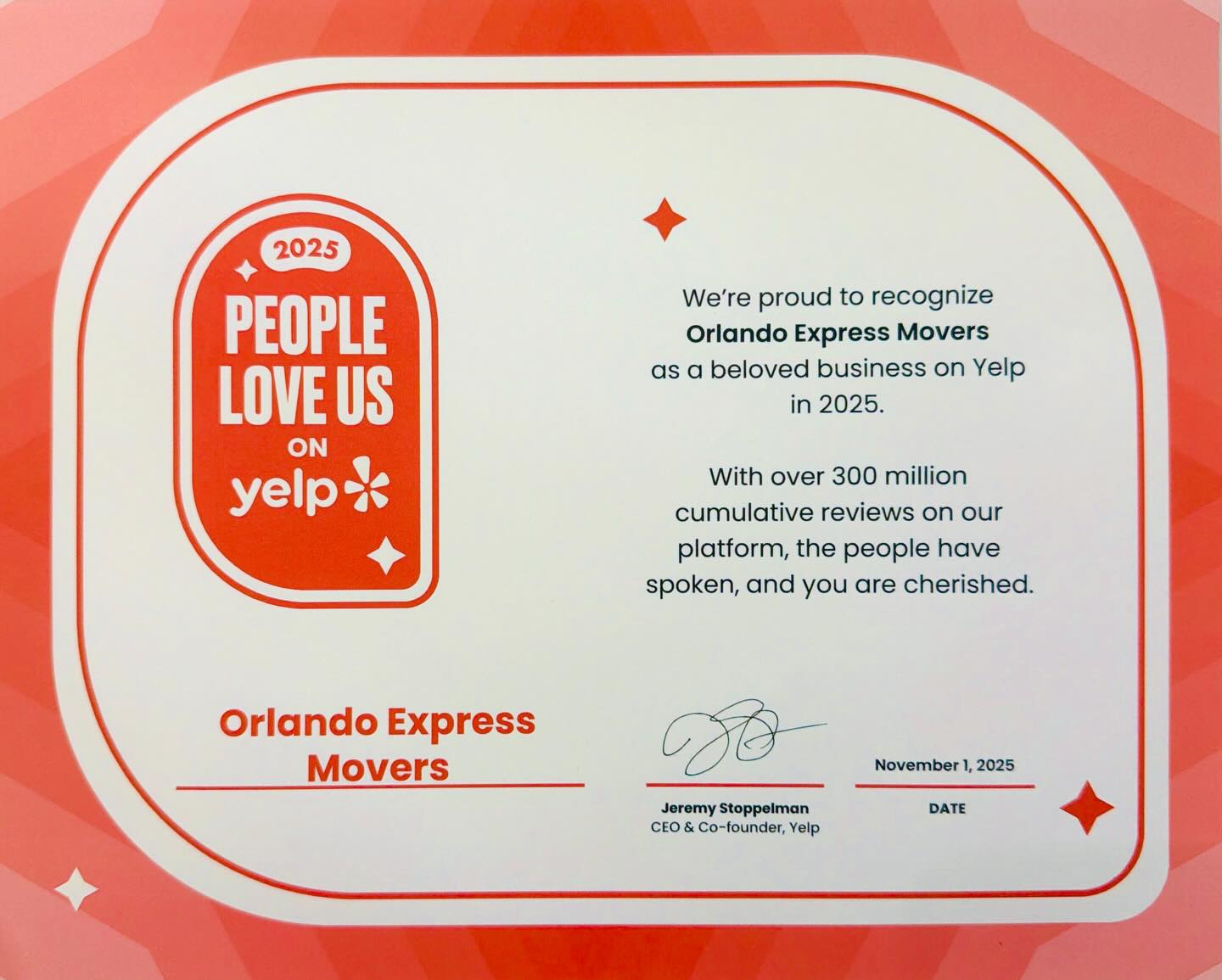 Yelp People Love Us Award - Orlando Express Movers