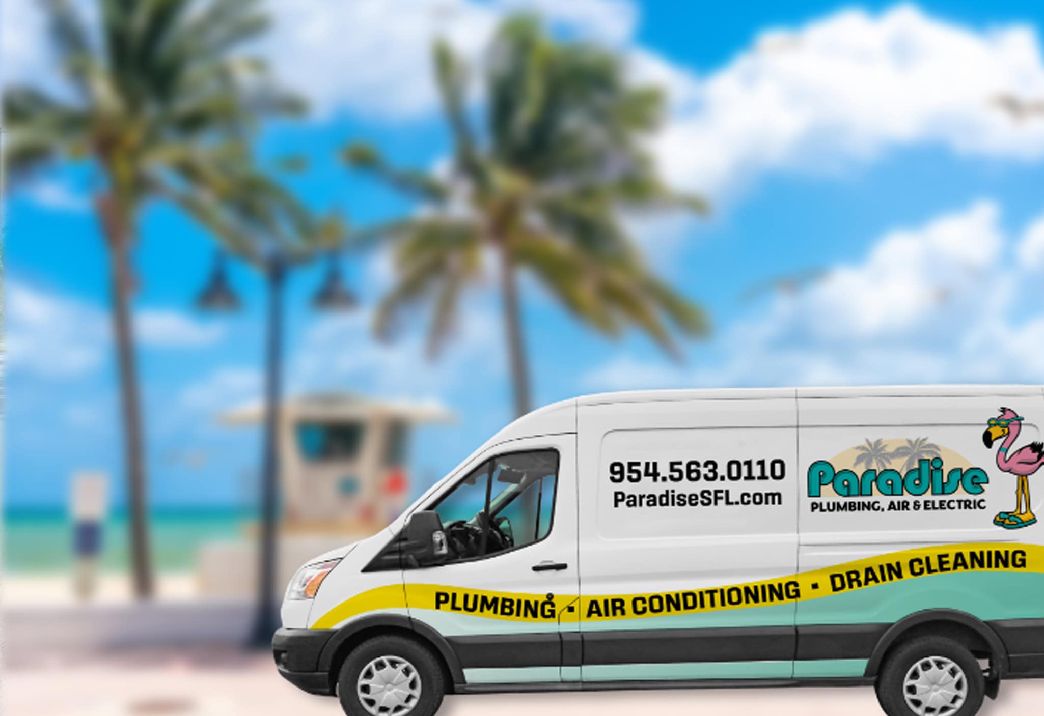 Paradise Plumbing, Air & Electric service vehicle at Ft. Lauderdale beach.