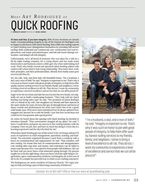 Quick Roofing featured in Living Magazine April 2019