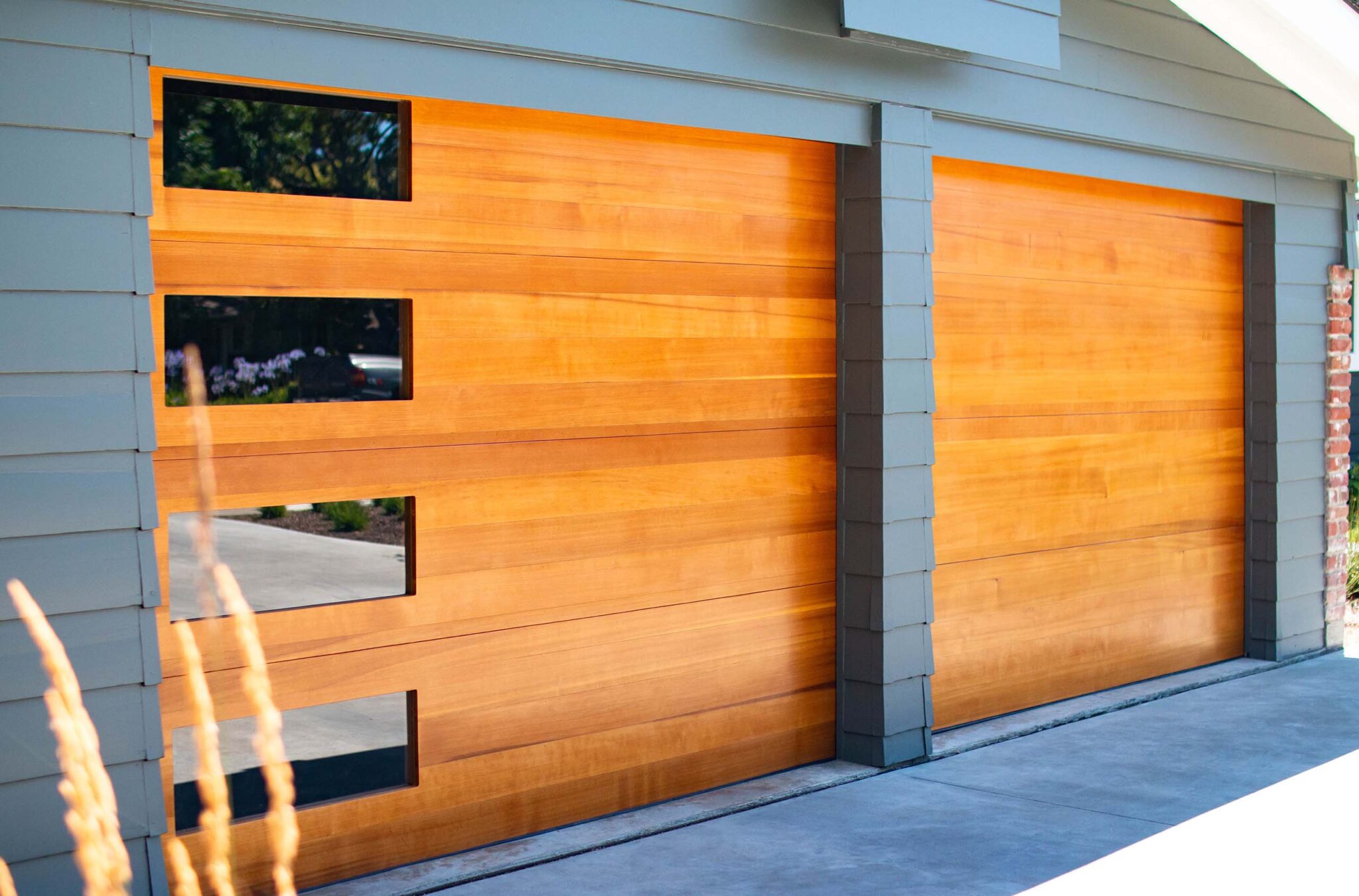 Modern wood garage door installation