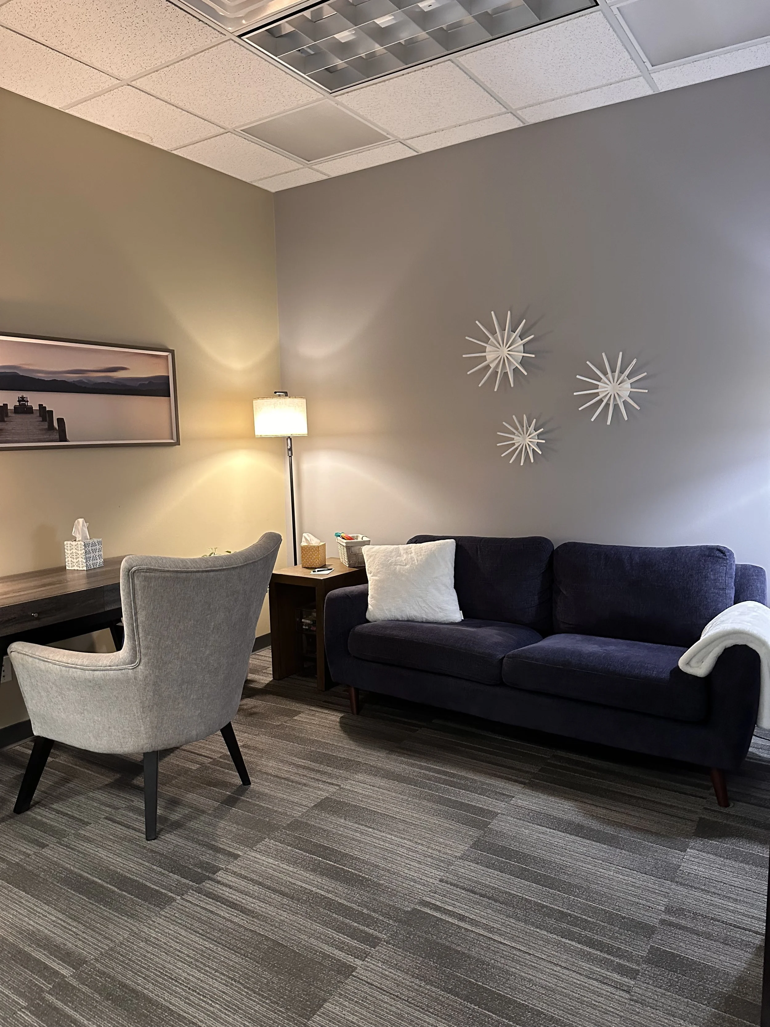 Welcoming therapy room with dark blue sofa