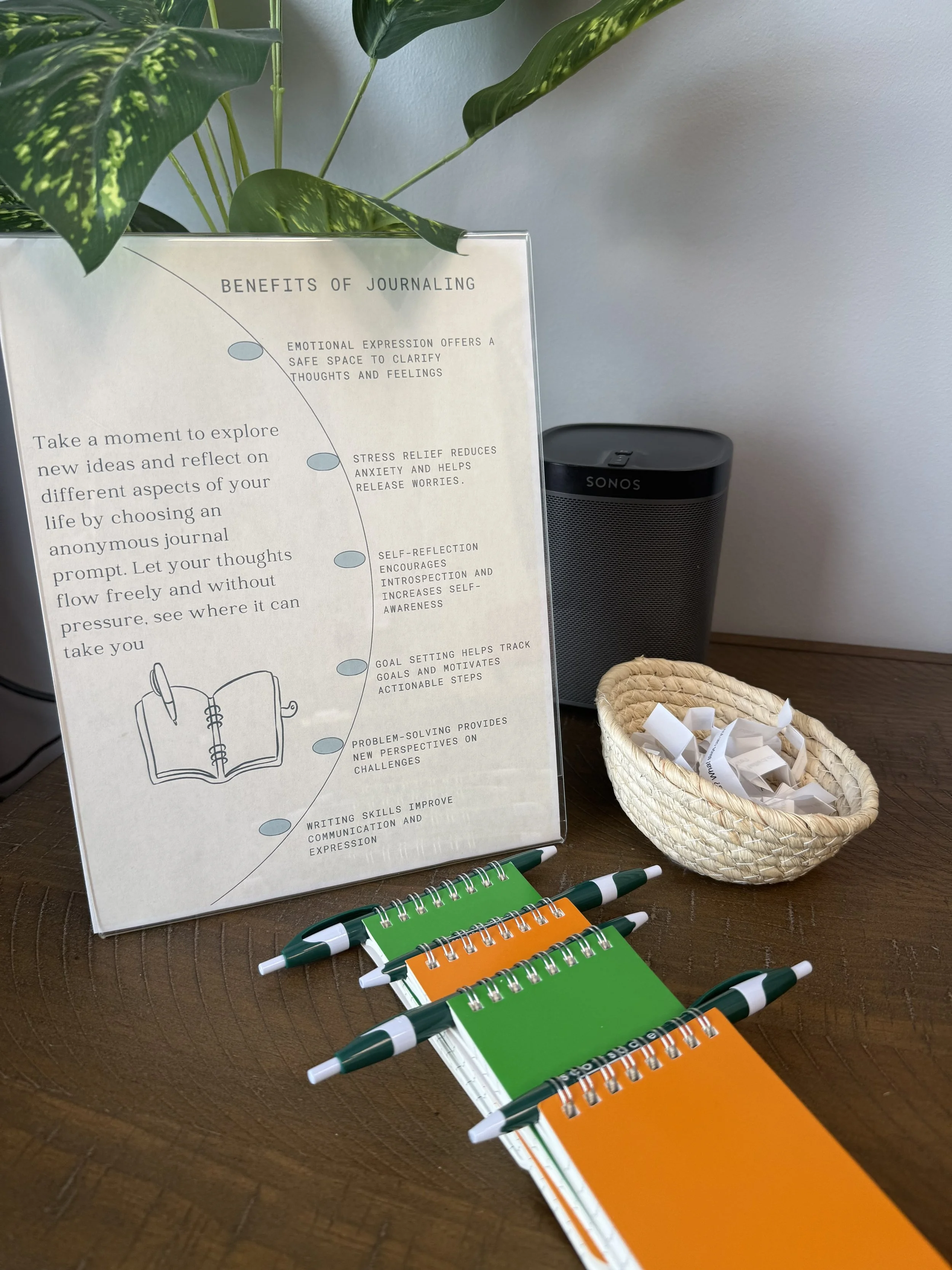 Desk with journaling tools and wellness resources