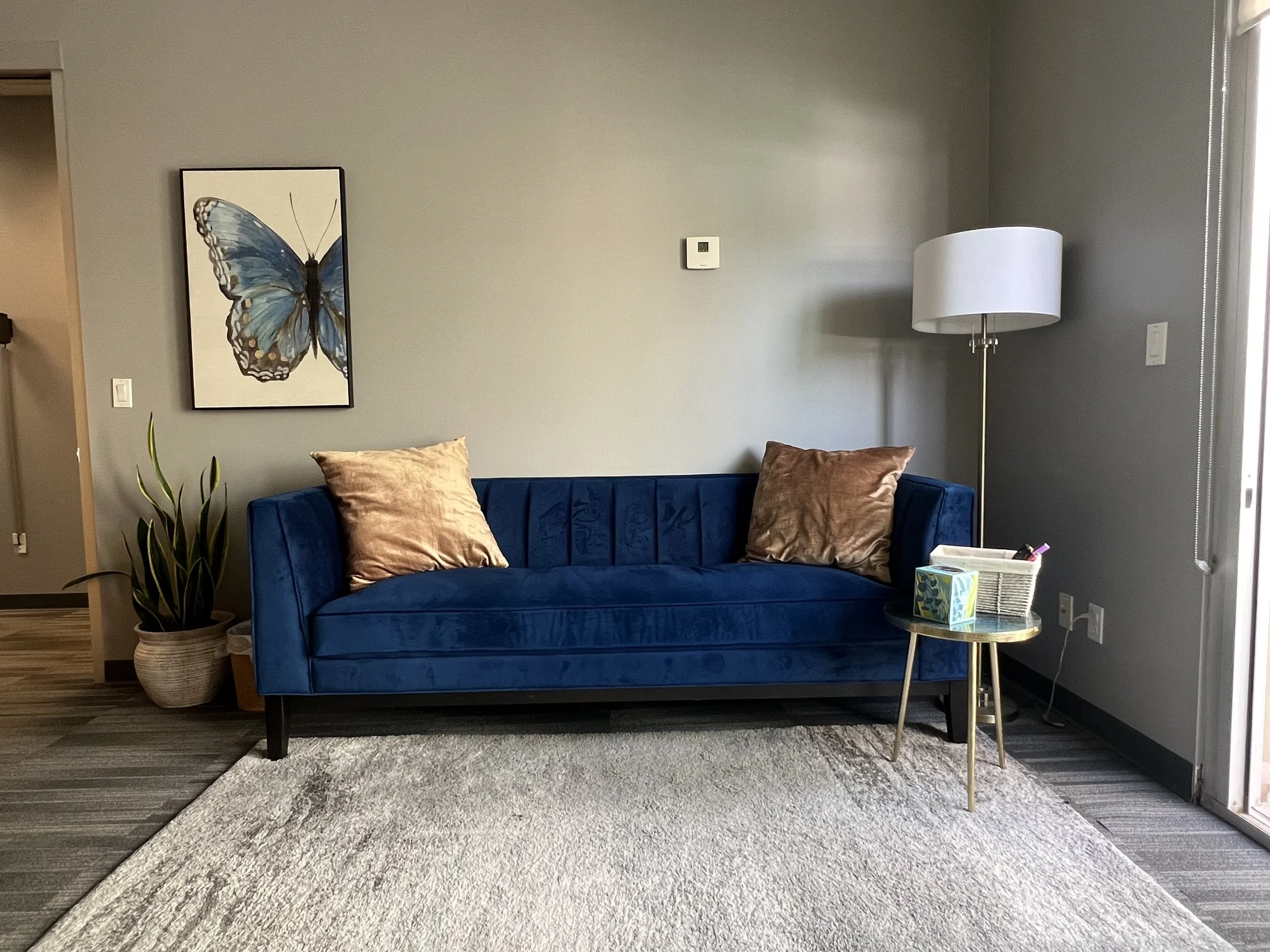 Comfortable therapy room with blue velvet sofa
