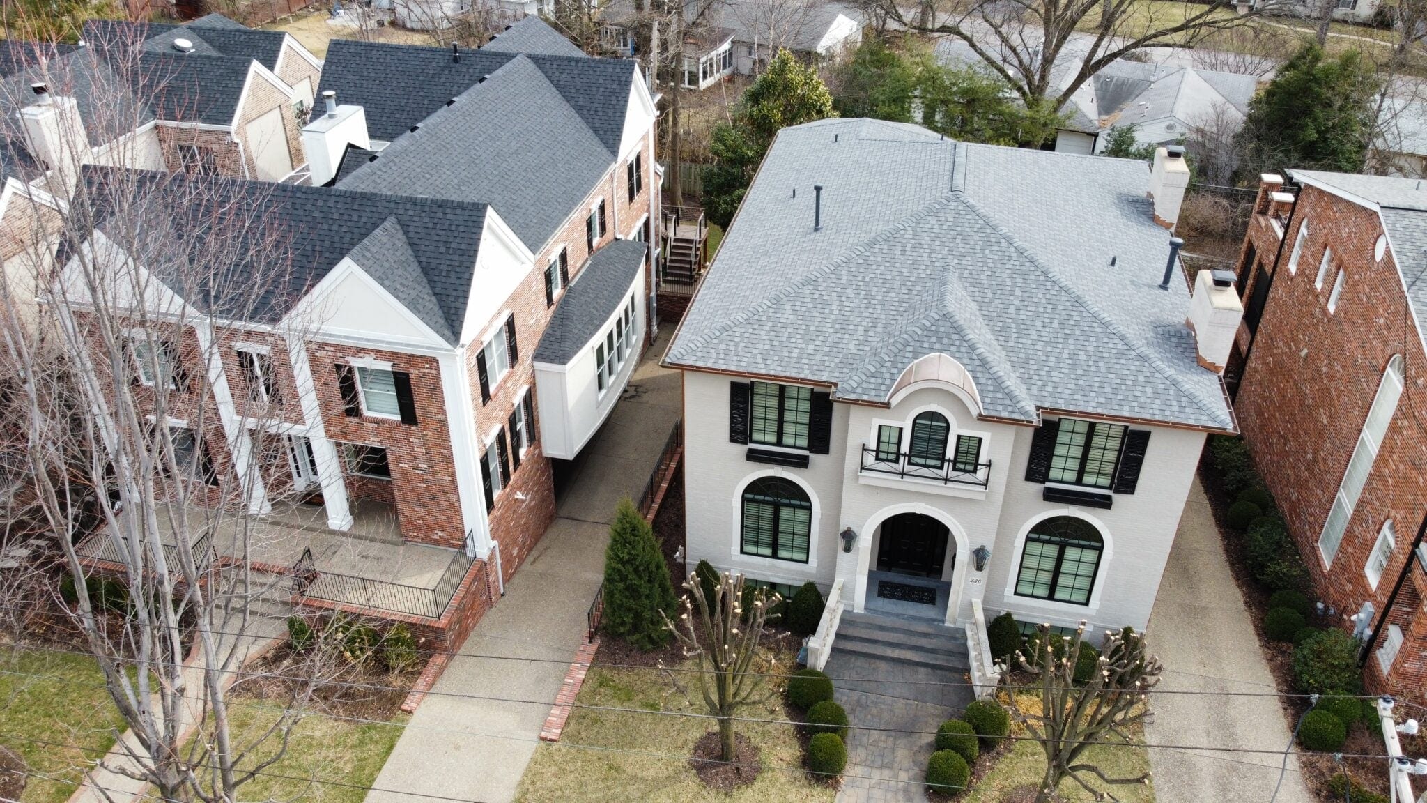 Aerial view of completed roofing project