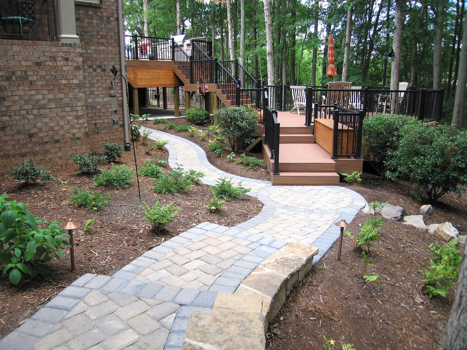 Hardscape walkway to multi-level decking